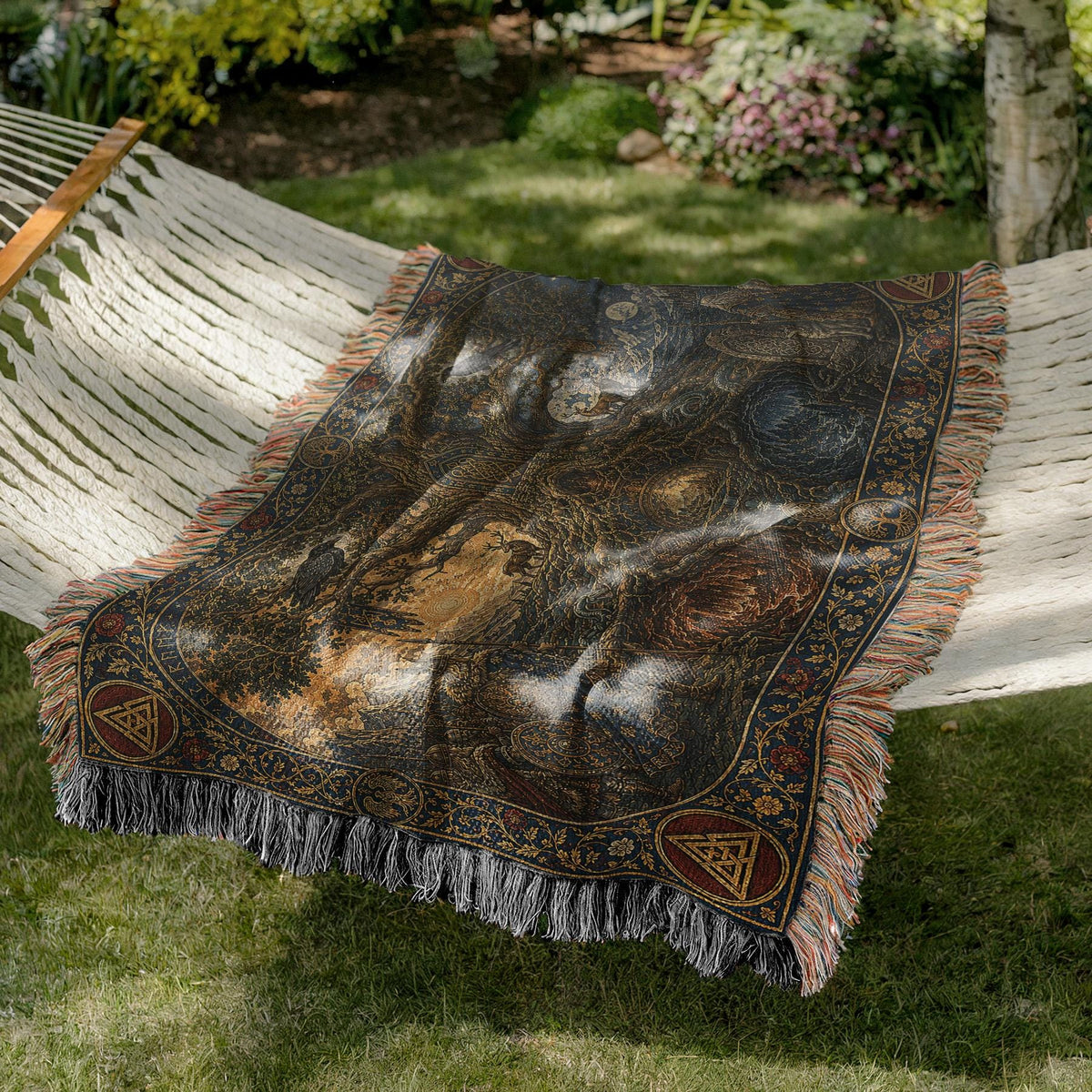 Viking Wolf Blanket - Norse Tree of Life Woven Blanket, Yggdrasil Raven and Wolf Tapestry Throw