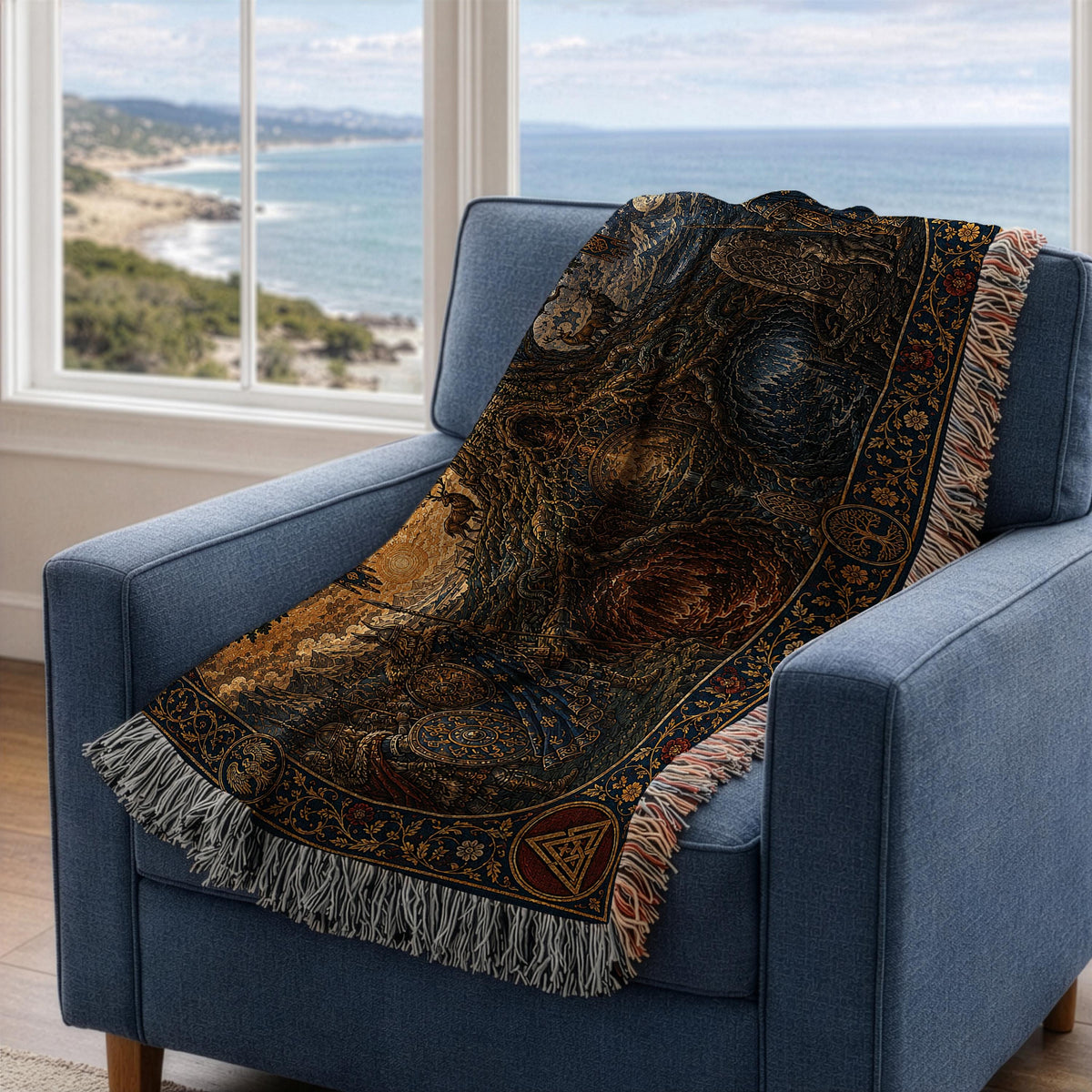Viking Wolf Blanket - Norse Tree of Life Woven Blanket, Yggdrasil Raven and Wolf Tapestry Throw