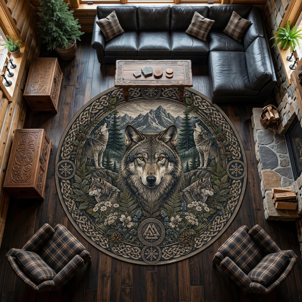 Viking Wolf Rug - Nordic Wolf Round Rug, Viking Wolf Area Rug, Celtic Knot Forest Decor, Mountain