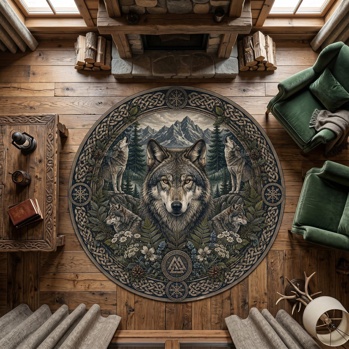 Viking Wolf Rug - Nordic Wolf Round Rug, Viking Wolf Area Rug, Celtic Knot Forest Decor, Mountain