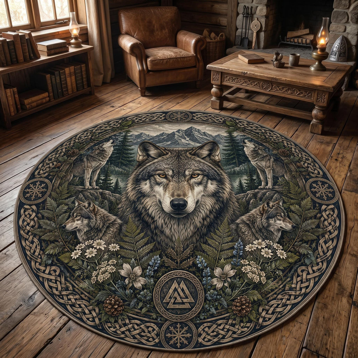 Viking Wolf Rug - Nordic Wolf Round Rug, Viking Wolf Area Rug, Celtic Knot Forest Decor, Mountain