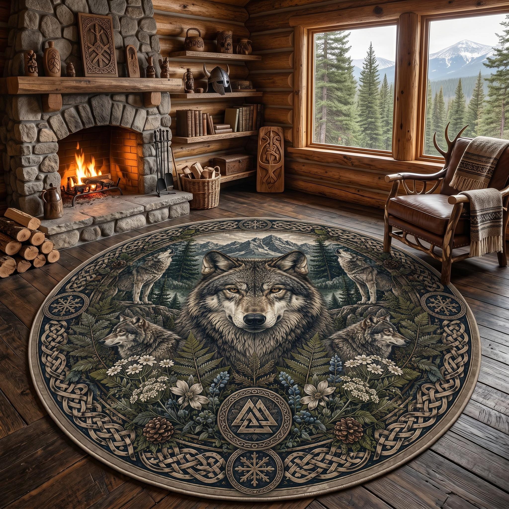 Viking Wolf Rug - Nordic Wolf Round Rug, Viking Wolf Area Rug, Celtic Knot Forest Decor, Mountain