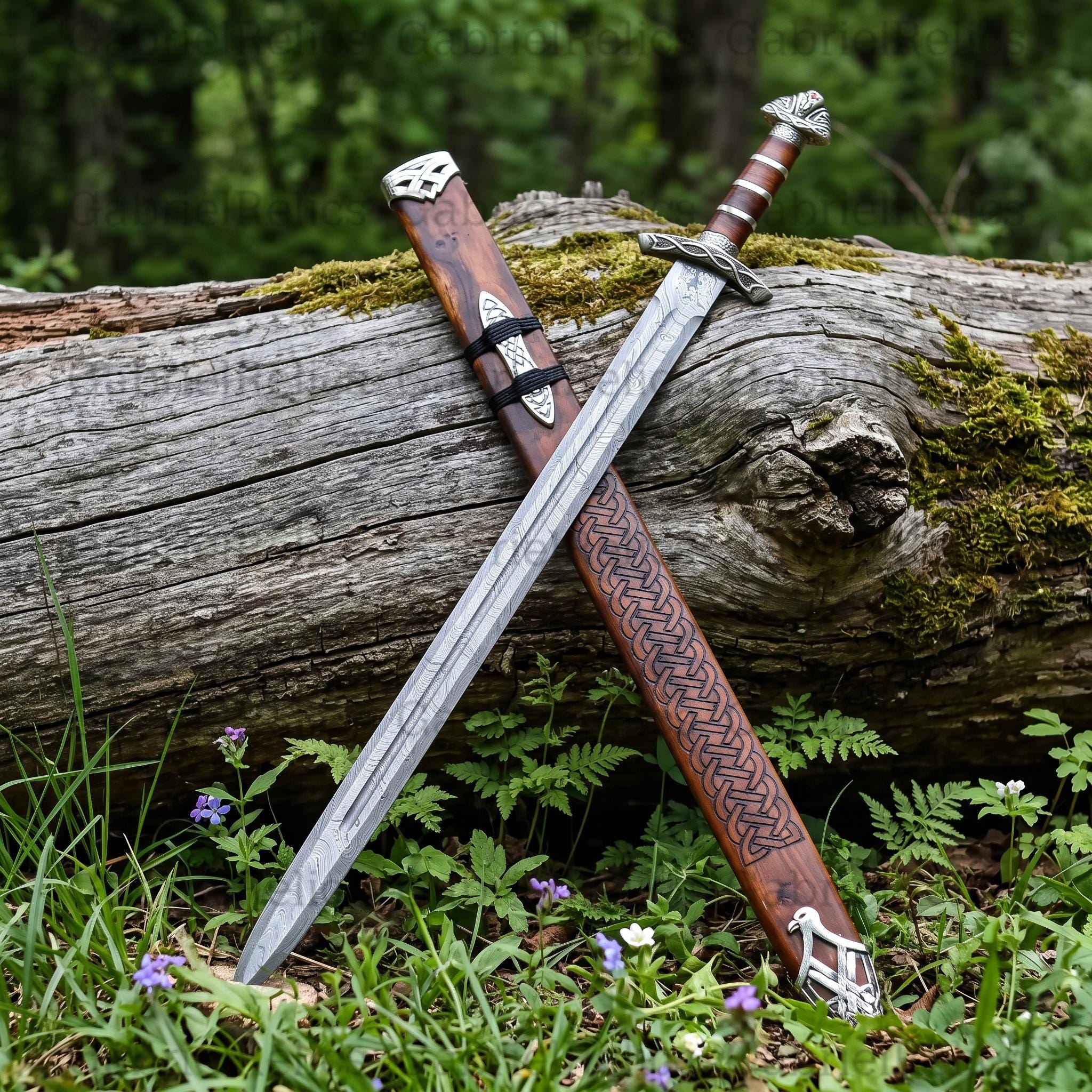 Viking Costume & LARP - 36” Damascus Northmen Sword with Scabbard, Handmade Collectible Medieval