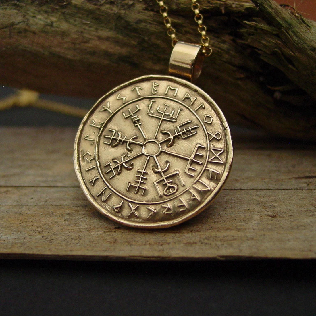 Viking Vegvisir Compass Necklace - Wayfinder Pendant: Hand-Carved Bronze Nordic Vegvisir Viking