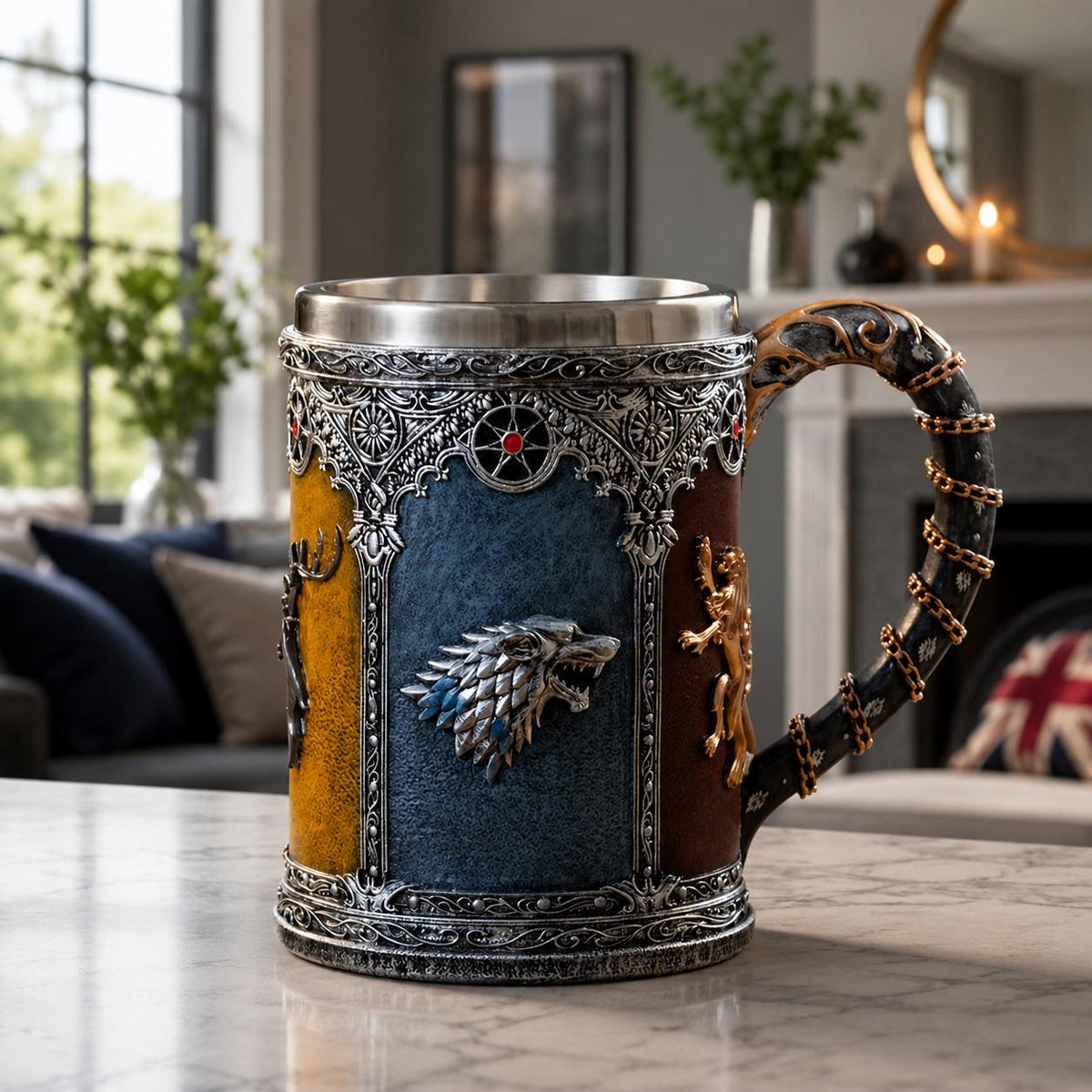 Viking Wolf Mug - Medieval Fantasy Beer Mug – Embossed Ceramic Tankard with Wolf Crest, Large