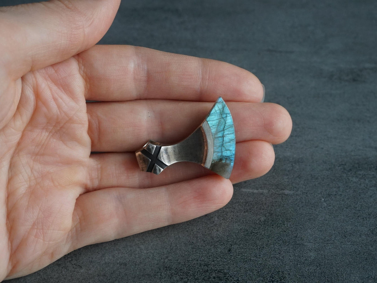 Viking Necklace - Labradorite Viking Axe Pendant, Norse Axe Necklace, Handmade Stone Amulet, Silver