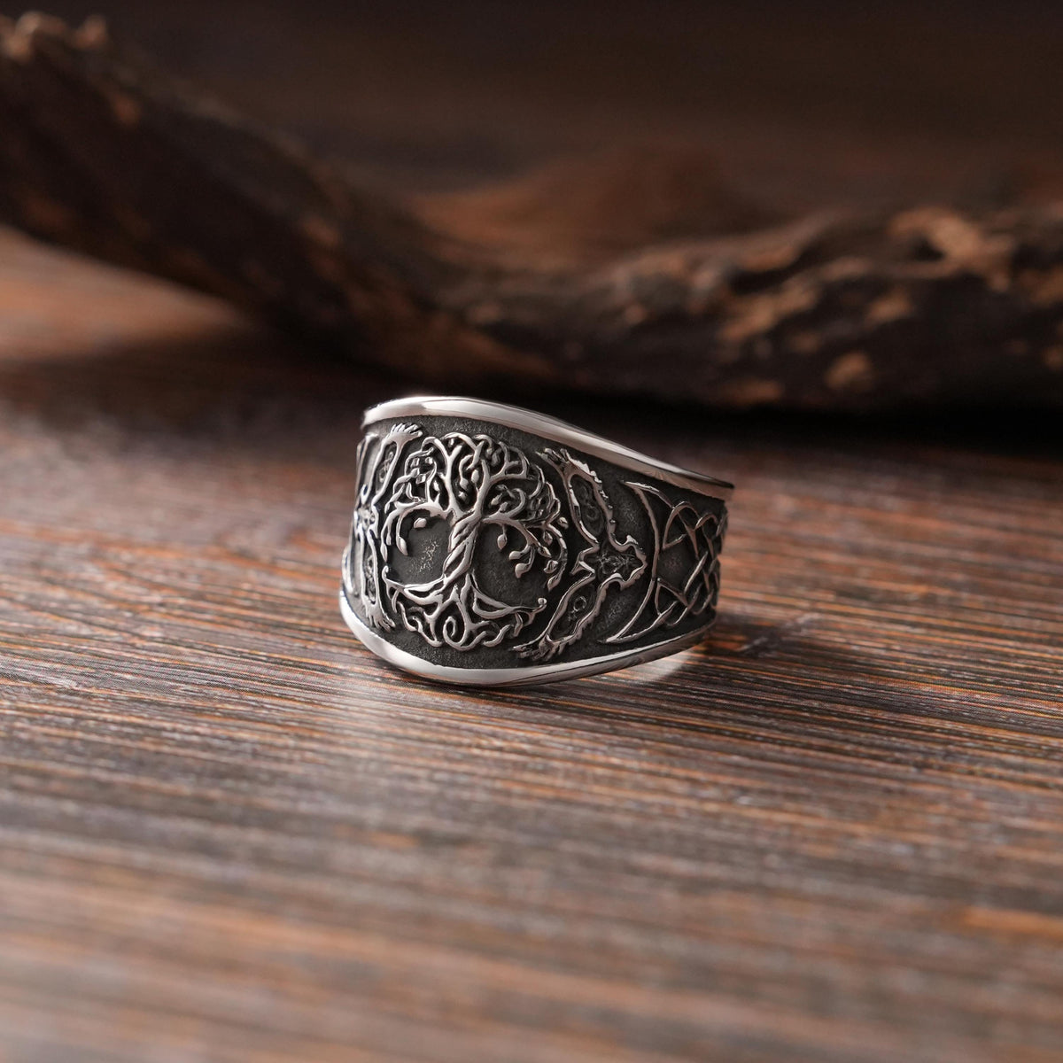 Viking Rune Ring - Viking Tree of Life Ring Mens Titanium Steel Celtic Knot Band Rustic Norse Rune