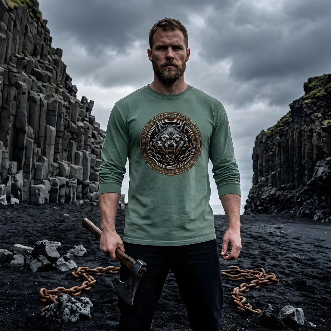 Viking Wolf T-Shirt - Norse Mythology Runes Fenrir Wolf Long Sleeve Shirt, Garment-Dyed Cotton