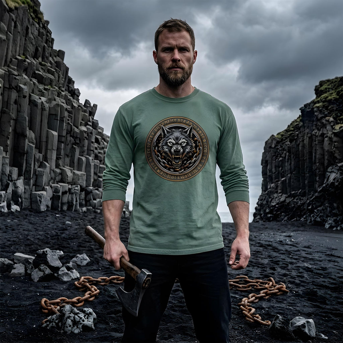 Viking Wolf T-Shirt - Norse Mythology Runes Fenrir Wolf Long Sleeve Shirt, Garment-Dyed Cotton