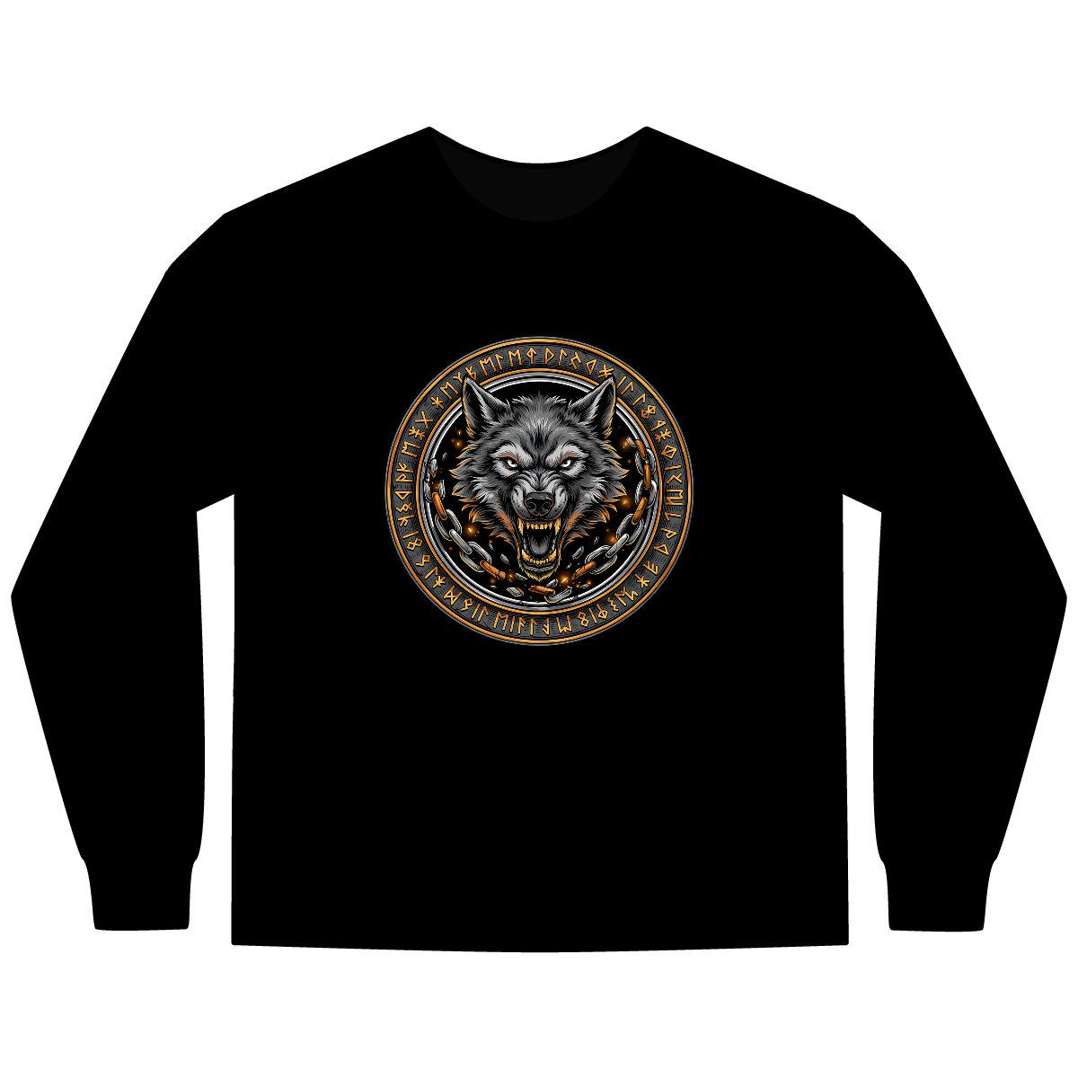 Viking Wolf T-Shirt - Norse Mythology Runes Fenrir Wolf Long Sleeve Shirt, Garment-Dyed Cotton