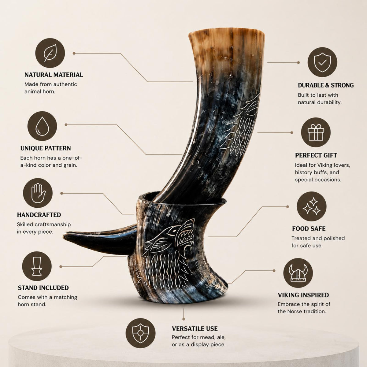 Viking Wolf Mug - Fenrir Wolf Drinking Horn Mug with Stand, Engraved Viking Mead Horn, Handmade