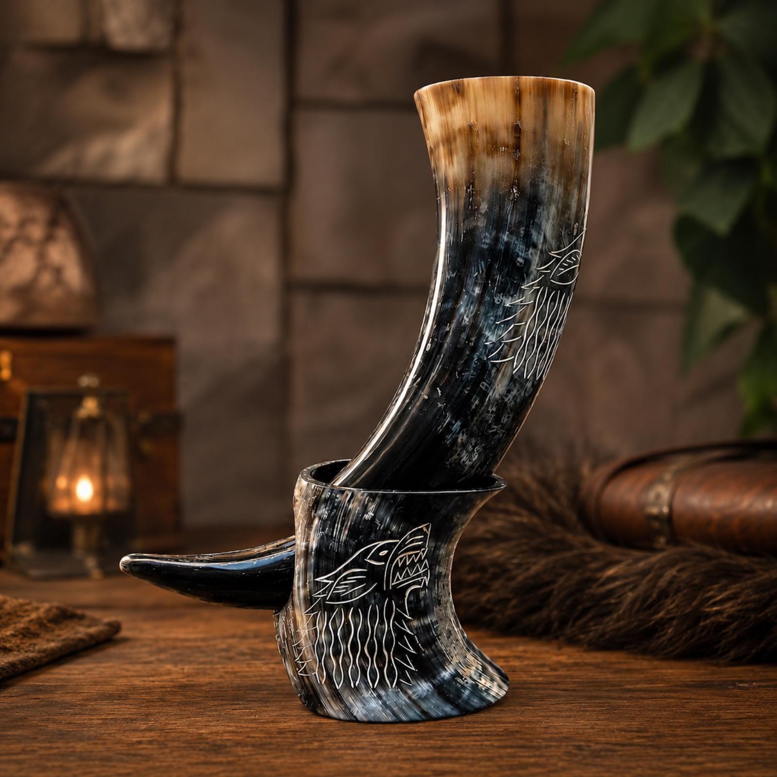 Viking Wolf Mug - Fenrir Wolf Drinking Horn Mug with Stand, Engraved Viking Mead Horn, Handmade