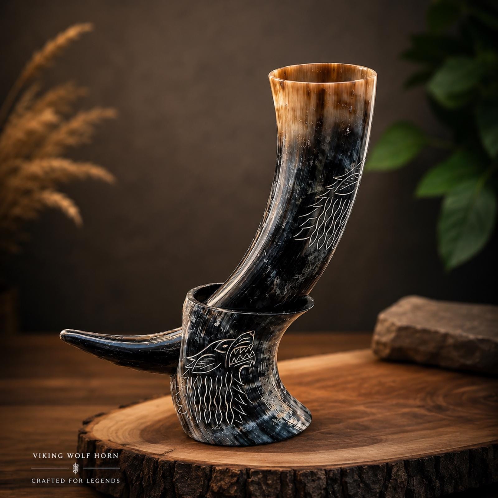 Viking Raven Mug - Authentic Drinking Horn Mug, Engraved Norse Raven Horn Tankard, Viking Mead