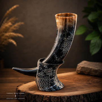 Viking Wolf Mug - Fenrir Wolf Drinking Horn Mug with Stand, Engraved Viking Mead Horn, Handmade