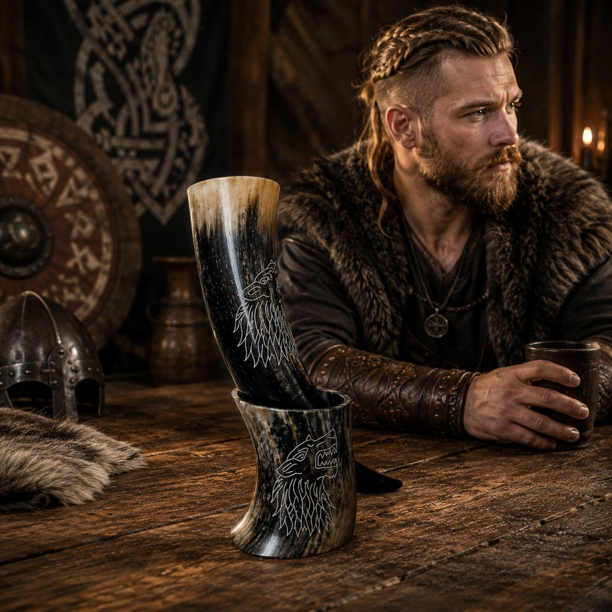 Viking Wolf Mug - Fenrir Wolf Drinking Horn Mug with Stand, Engraved Viking Mead Horn, Handmade