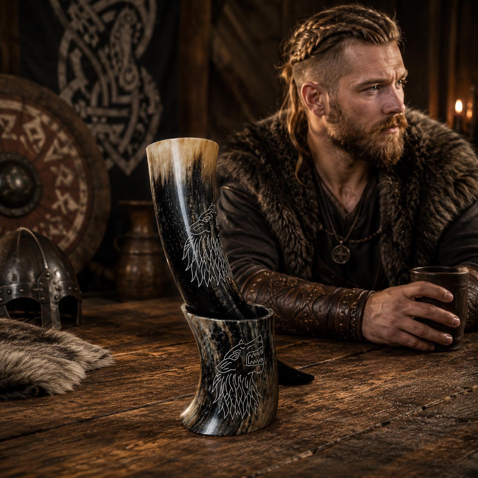 Viking Wolf Mug - Fenrir Wolf Drinking Horn Mug with Stand, Engraved Viking Mead Horn, Handmade