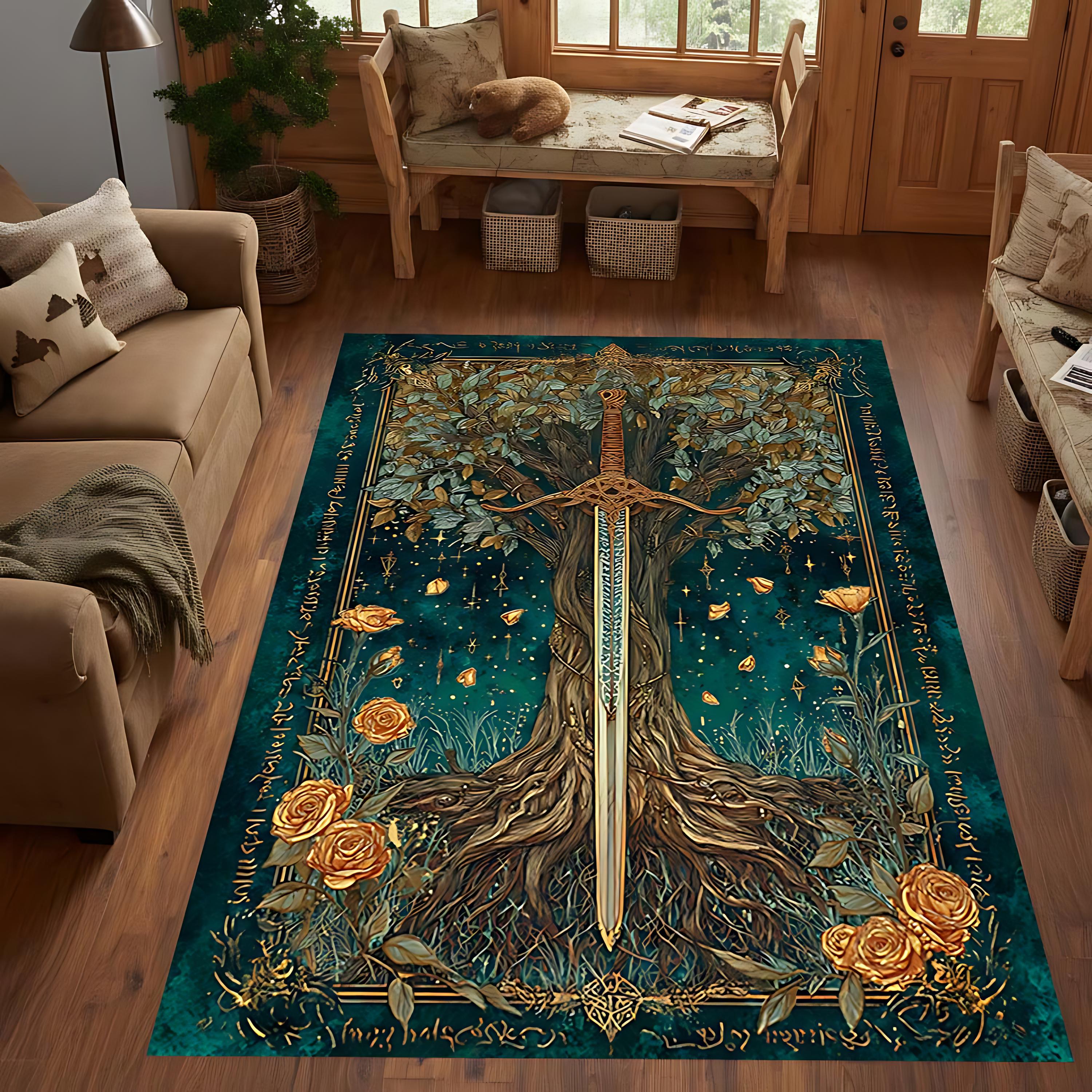 Viking Rune Rug - Norse Viking Ship Rug with Rune Circle and Mythic Animal Guardians, Black Gold