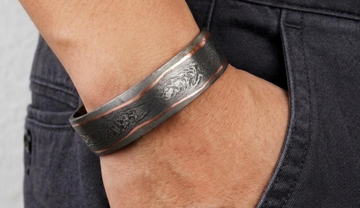Viking Bracelet - Hand Forged Damascus Steel Cuff Bracelet with Copper Inlay Viking Bangle, Modern