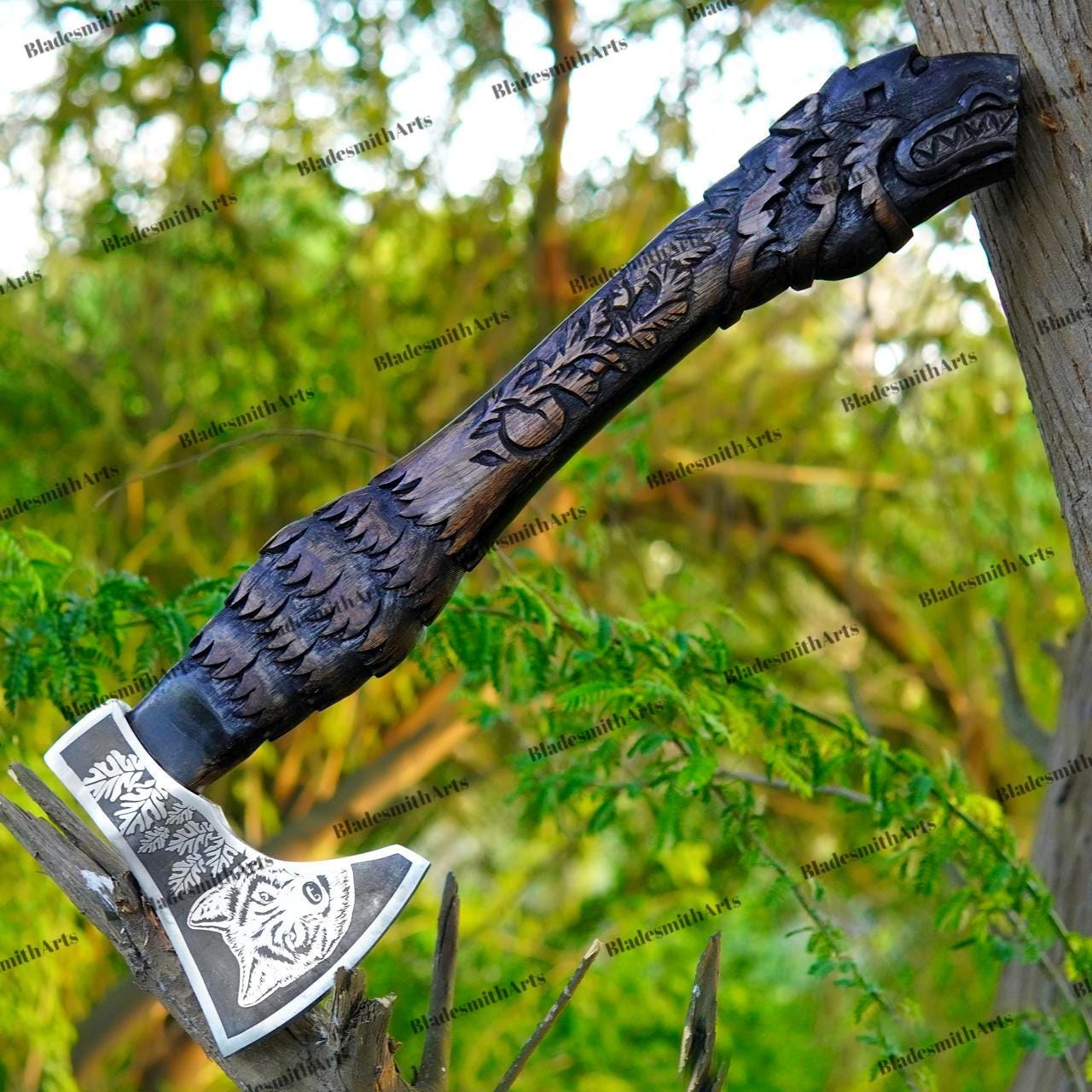 Viking Wolf Weapon Replica - Handmade Viking Raven Axe, Wolf Axe, Norse Hatchet, Medieval Axe