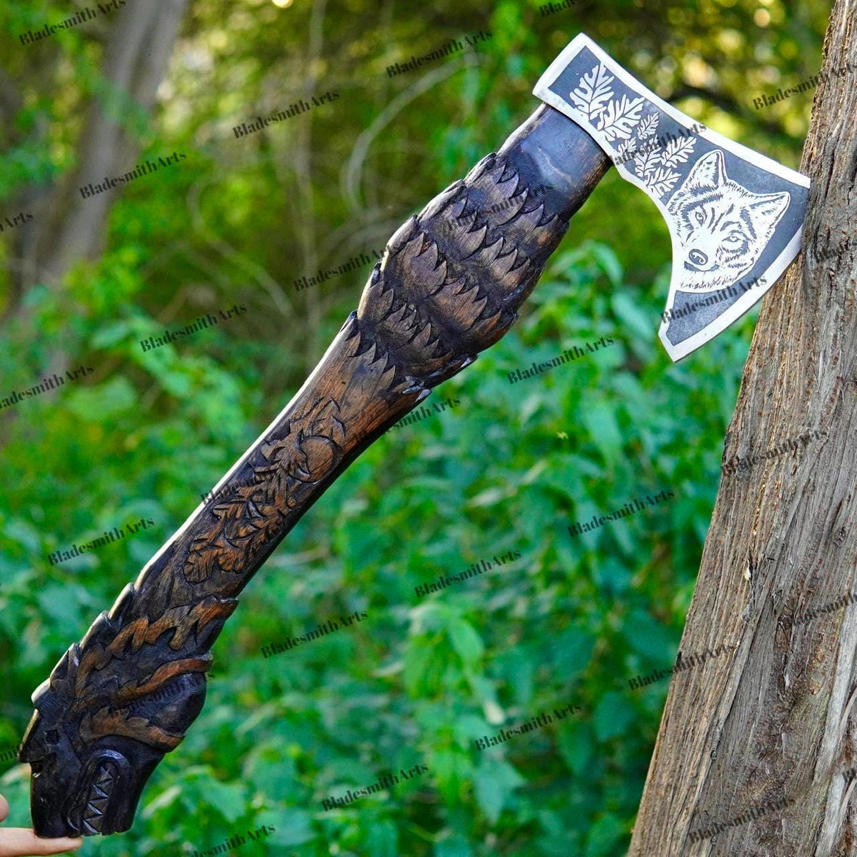 Viking Wolf Weapon Replica - Handmade Viking Raven Axe, Wolf Axe, Norse Hatchet, Medieval Axe
