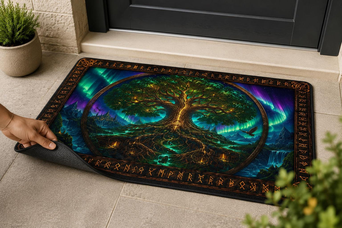 Viking Odin Rug - Viking Raven Doormat, Norse Vegvisir Mat, Odin Raven Decor, Nordic Entry Rug
