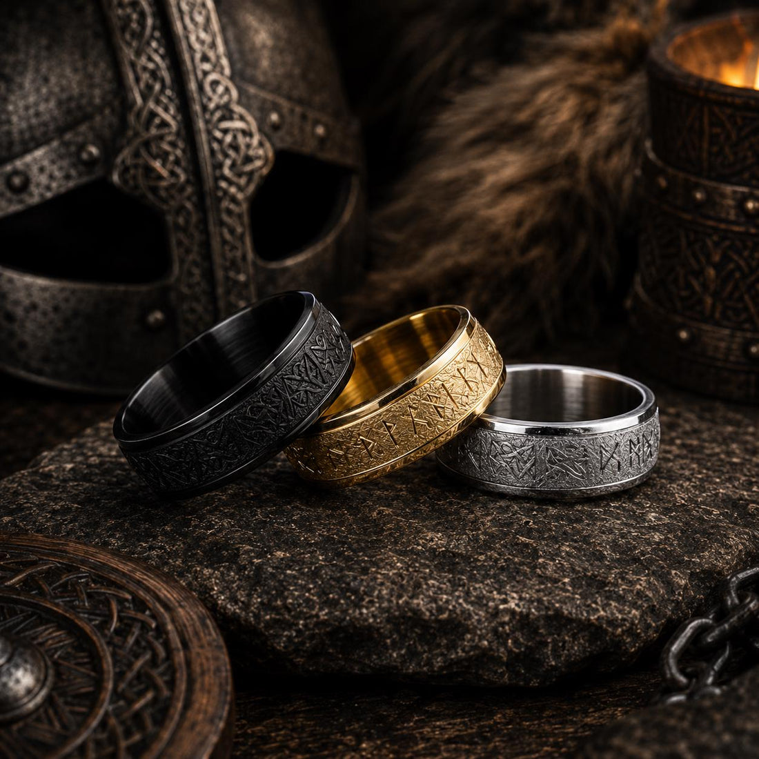 Viking Rune Ring Set of 3 · Norse Stainless Steel Band · Elder Futhark · Nordic Warrior Ring Men