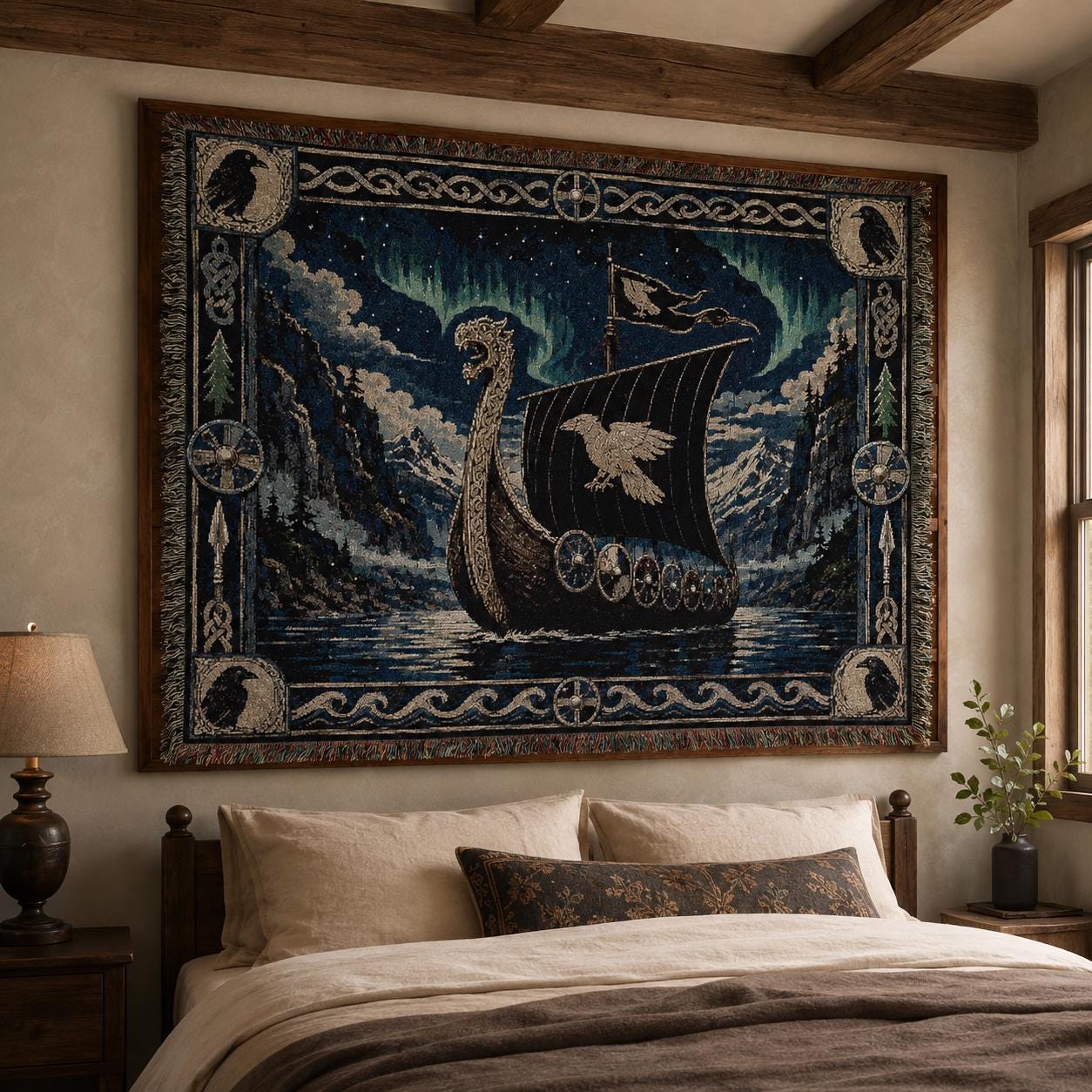 Viking Raven Blanket - Viking Longship Tapestry Wall Hanging Norse Raven Fjord Wall Art Large Wall
