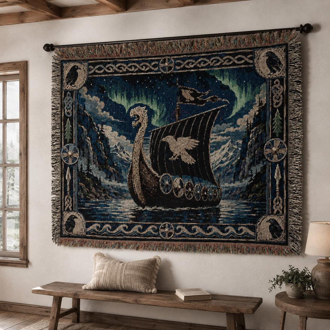 Viking Raven Blanket - Viking Longship Tapestry Wall Hanging Norse Raven Fjord Wall Art Large Wall