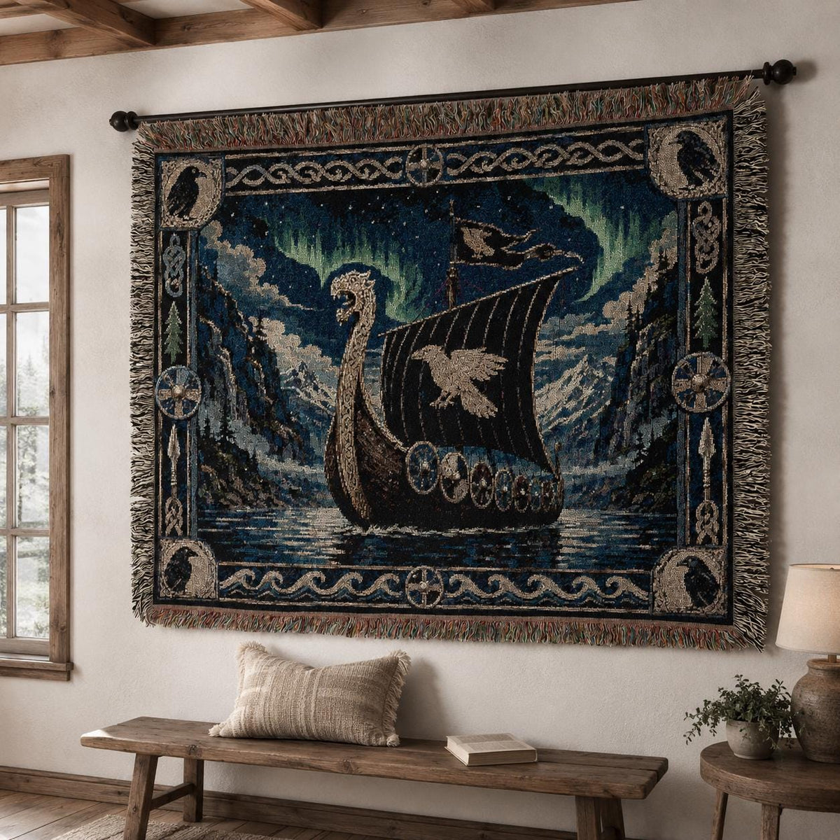 Viking Raven Blanket - Viking Longship Tapestry Wall Hanging Norse Raven Fjord Wall Art Large Wall