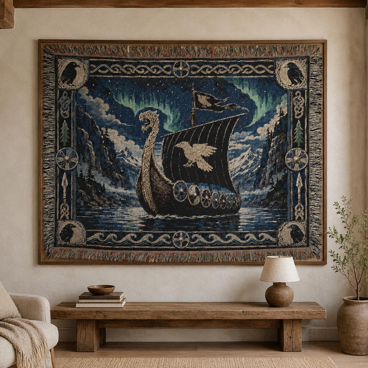 Viking Raven Blanket - Viking Longship Tapestry Wall Hanging Norse Raven Fjord Wall Art Large Wall