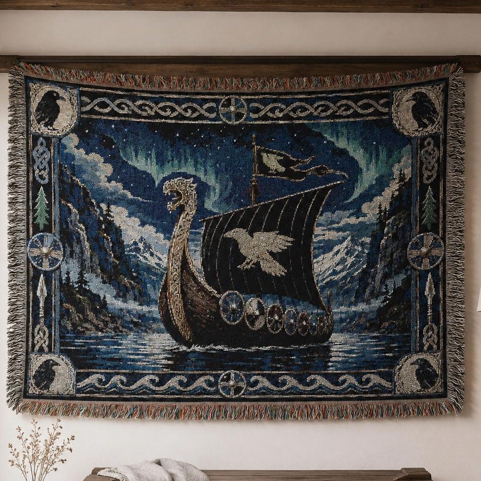 Viking Blanket - Epic Viking Warrior 100% Cotton Woven Blanket, Norse Mythology Home Decor Throw