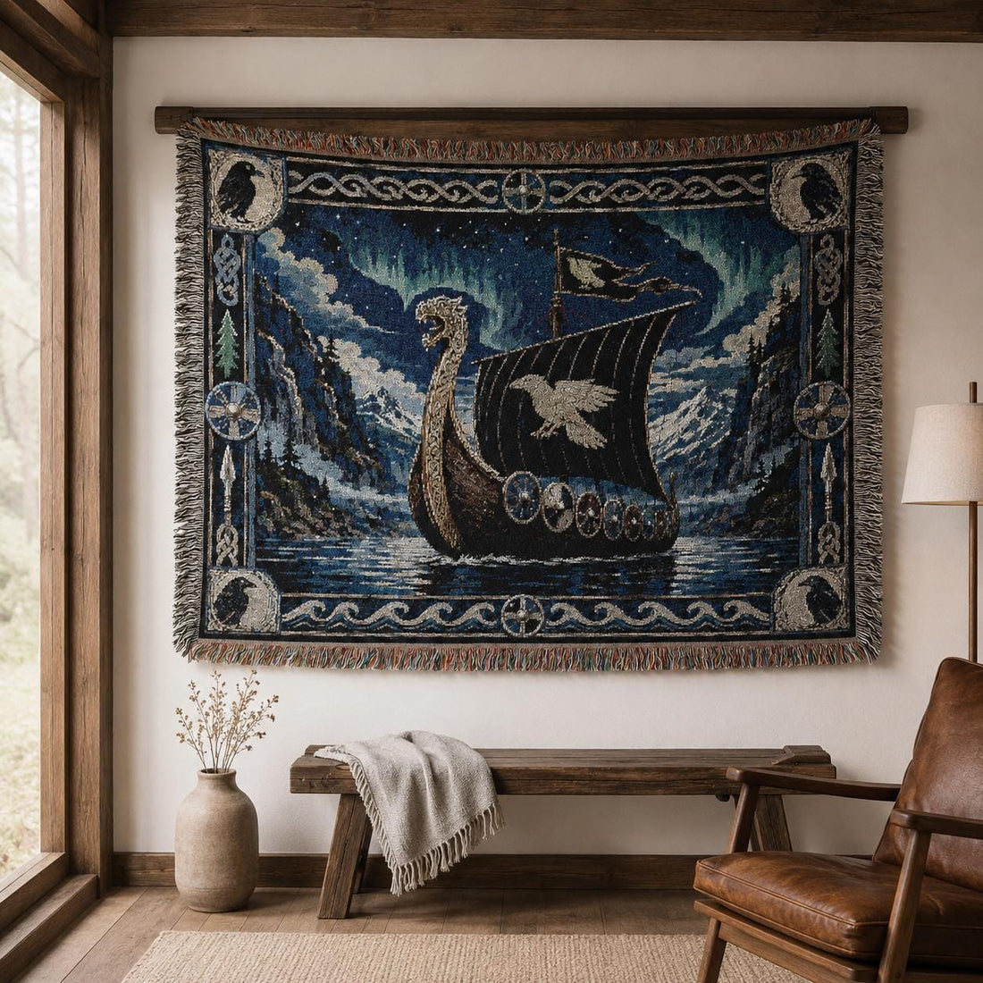 Viking Raven Blanket - Viking Longship Tapestry Wall Hanging Norse Raven Fjord Wall Art Large Wall
