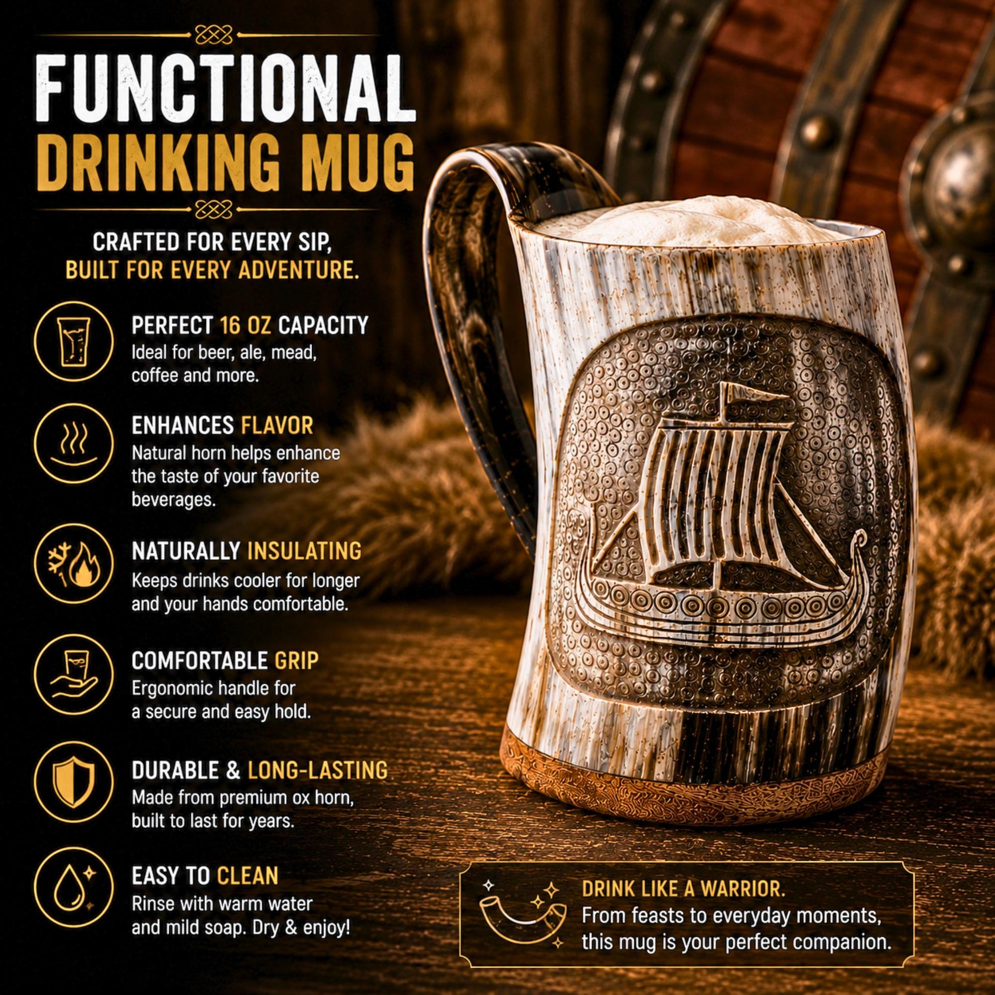 Viking Longship Mug - Personalized Viking Longship Horn Mug, Custom Engraved Wooden Base, Genuine