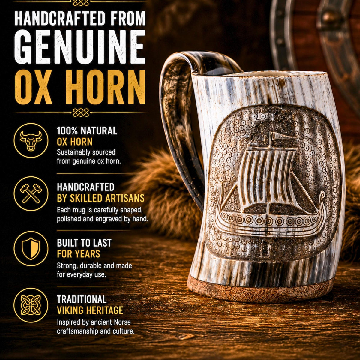 Viking Longship Mug - Personalized Viking Longship Horn Mug, Custom Engraved Wooden Base, Genuine