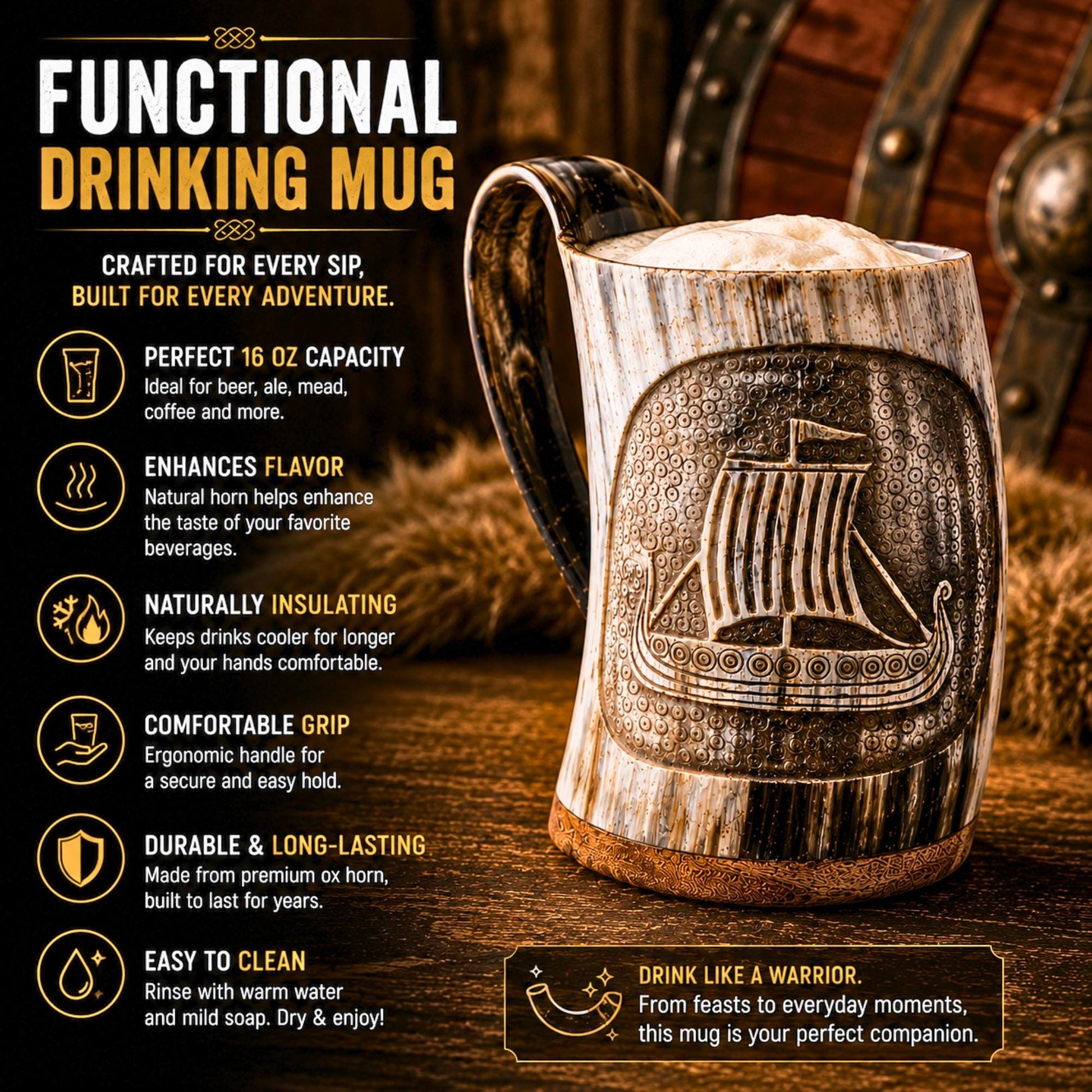 Viking Longship Mug - Personalized Viking Longship Horn Mug, Custom Engraved Wooden Base, Genuine