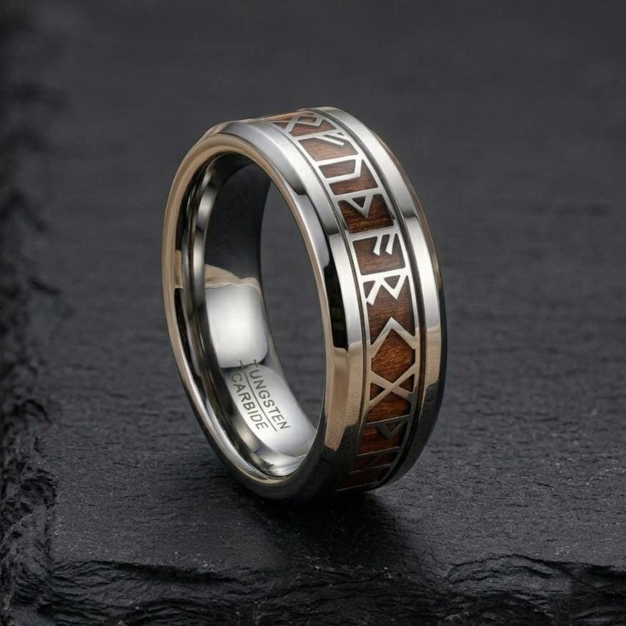 Viking Rune Ring Wood 8mm, Silver Tungsten Norse Ring for Men, Koa Wood Wedding Band, Ancient