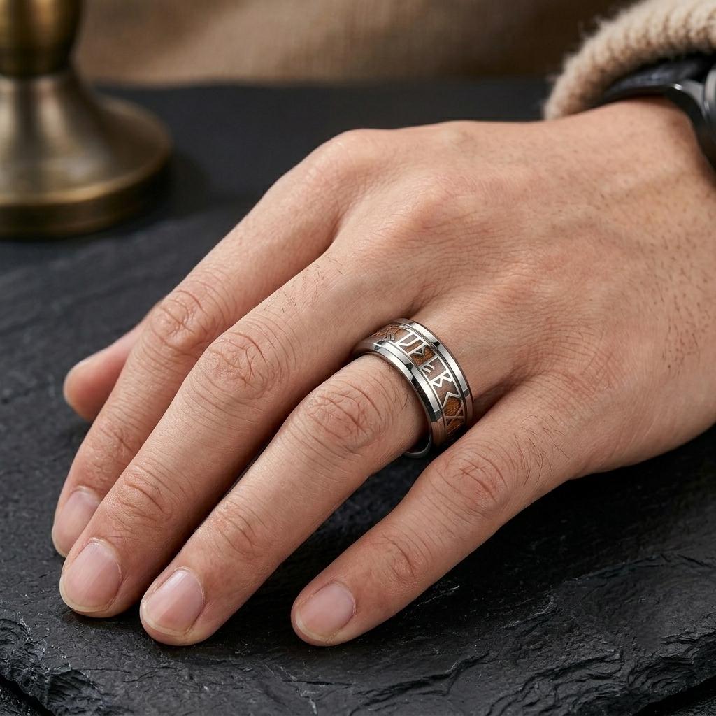 Viking Rune Ring Wood 8mm, Silver Tungsten Norse Ring for Men, Koa Wood Wedding Band, Ancient