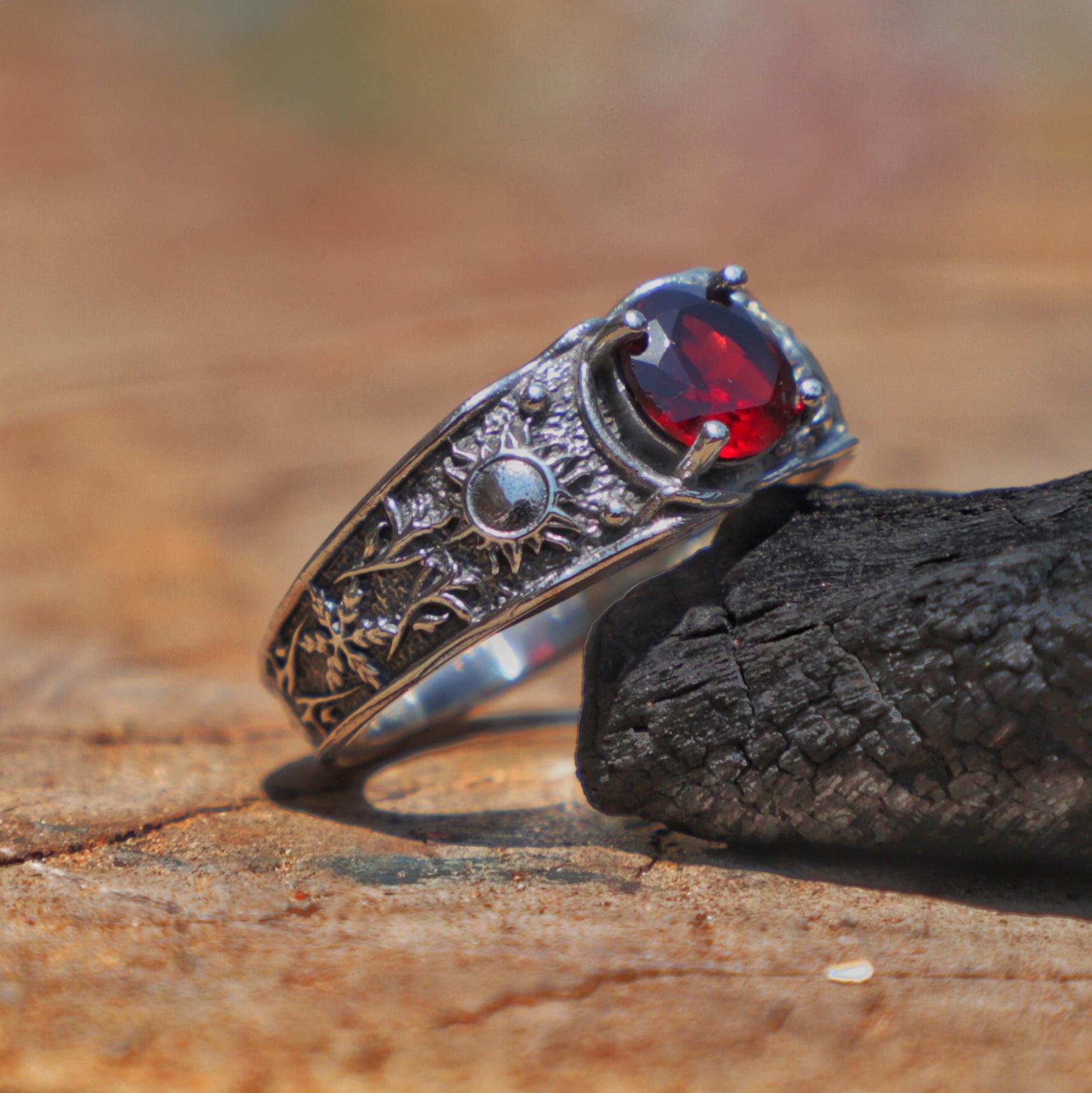 Viking Ring - 14k gold dwarven ring, brutalist signet ruby gemstone ring, fantasy viking nordic