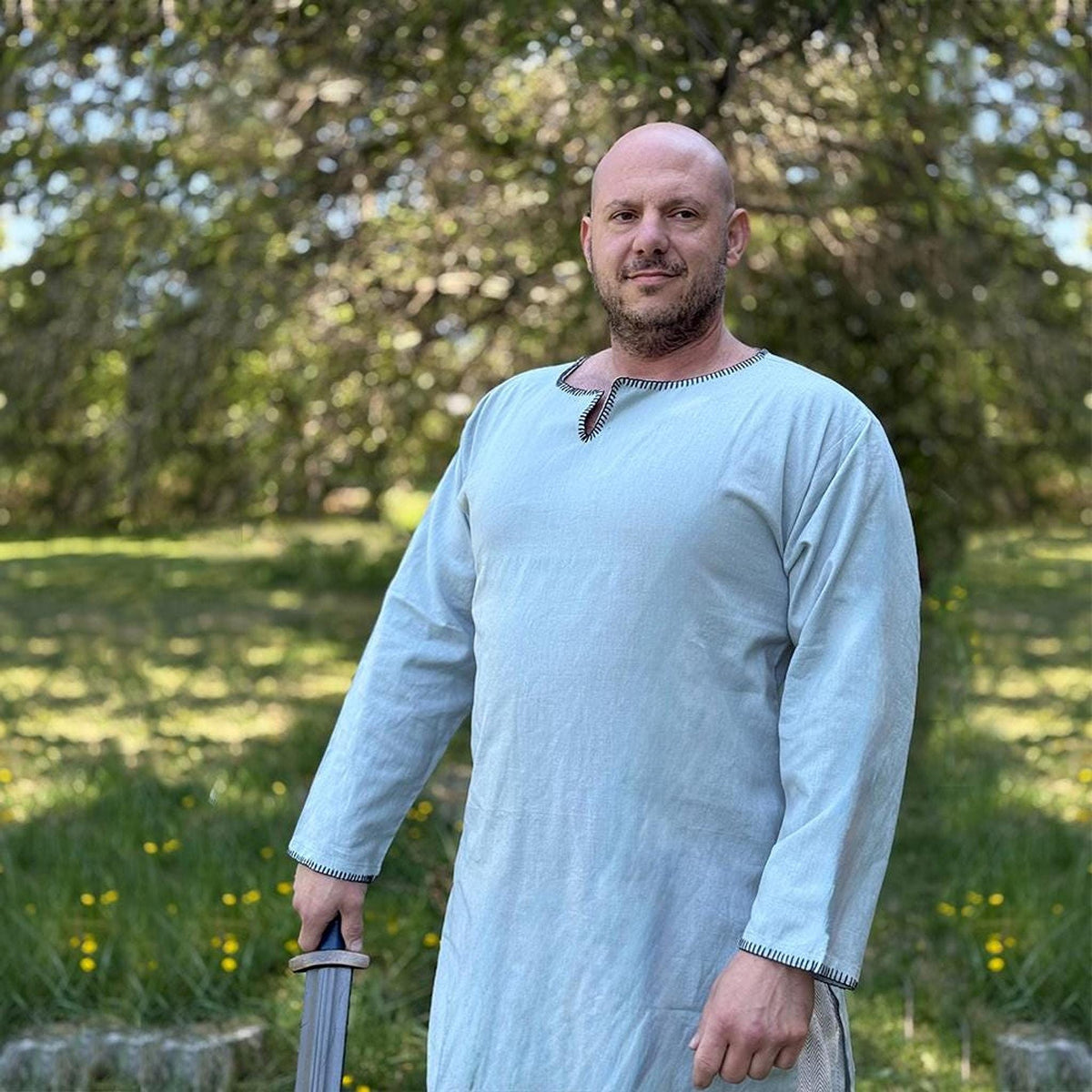 Viking T-Shirt - Green Viking tunic with leather details, Viking tunic for reenactment, LARP, and