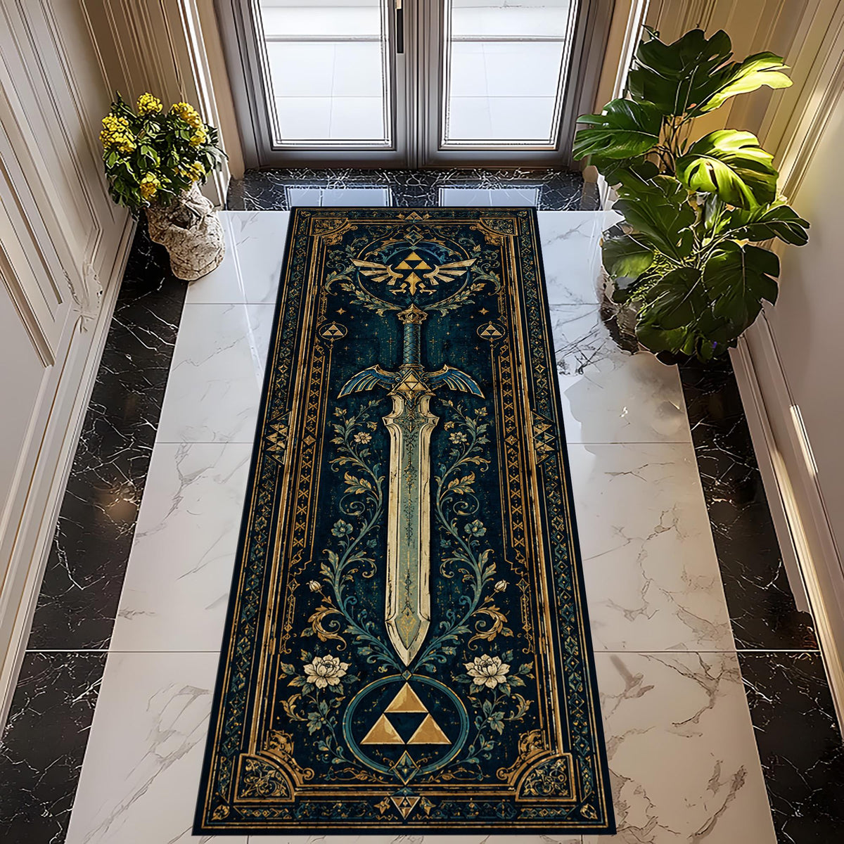 Viking Rug - Viking Axe Runner Rug: Blue Celtic Knot Carpet, Nordic Warrior Pattern, Fantasy Decor