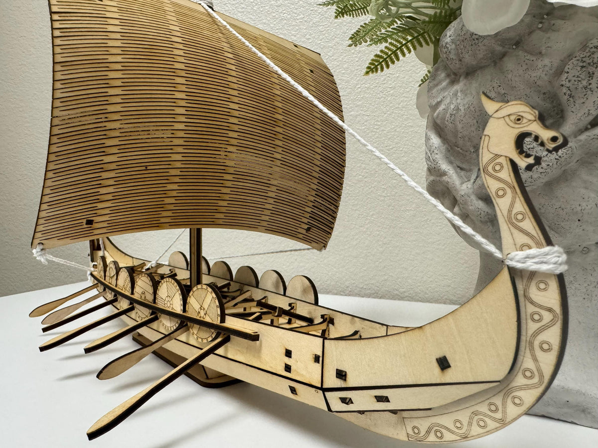 Viking Home Decor - Viking Ship Wooden Sculpture, Nordic Longboat Table Decor, Medieval Boat