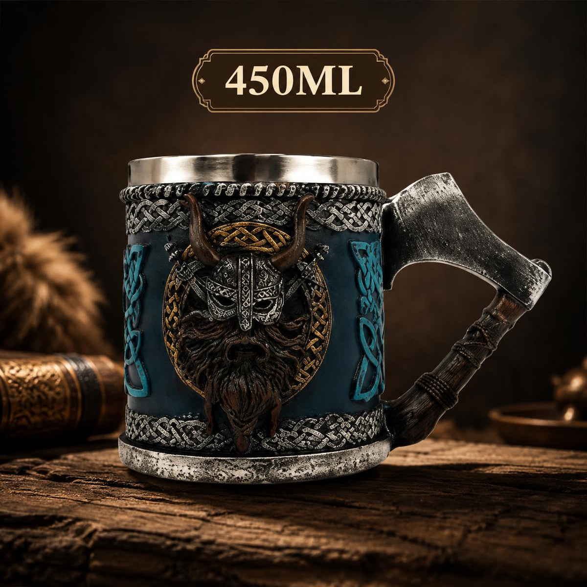 Viking Mug - Viking Axe Handle Beer Mug, Handmade Nordic Warrior Stainless Steel Tankard
