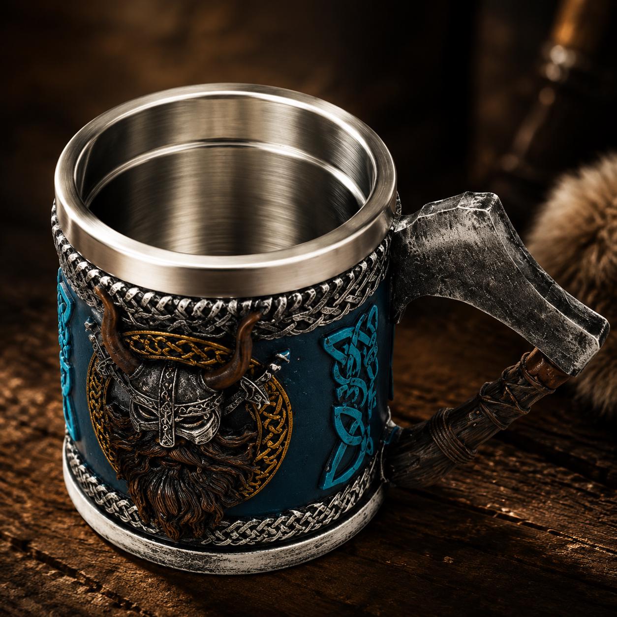 Viking Mug - Viking Axe Handle Beer Mug, Handmade Nordic Warrior Stainless Steel Tankard