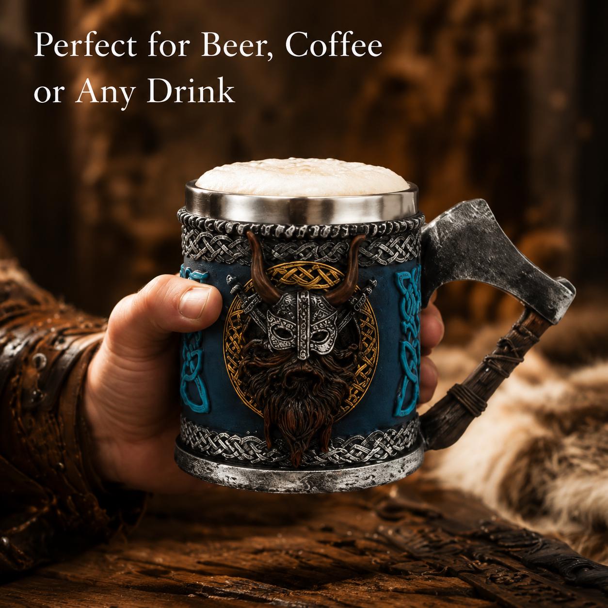 Viking Mug - Viking Axe Handle Beer Mug, Handmade Nordic Warrior Stainless Steel Tankard