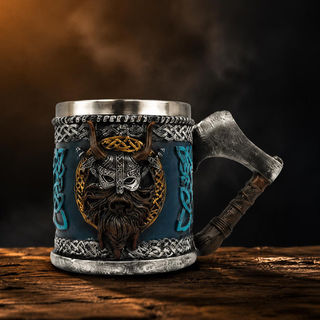 Viking Mug - Viking Axe Handle Beer Mug, Handmade Nordic Warrior Stainless Steel Tankard