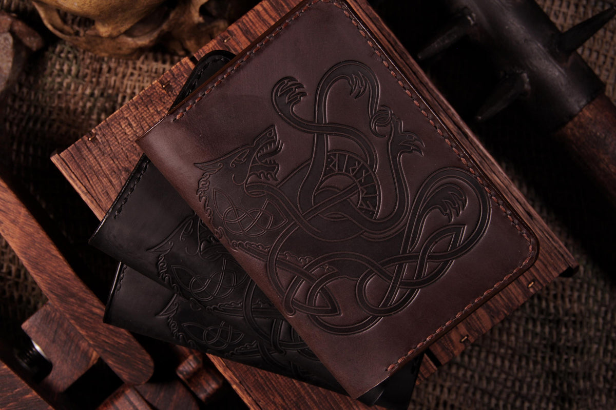 Viking Wolf Leather Accessory - Fenrir Leather Passport Cover: Personalized Viking Gift