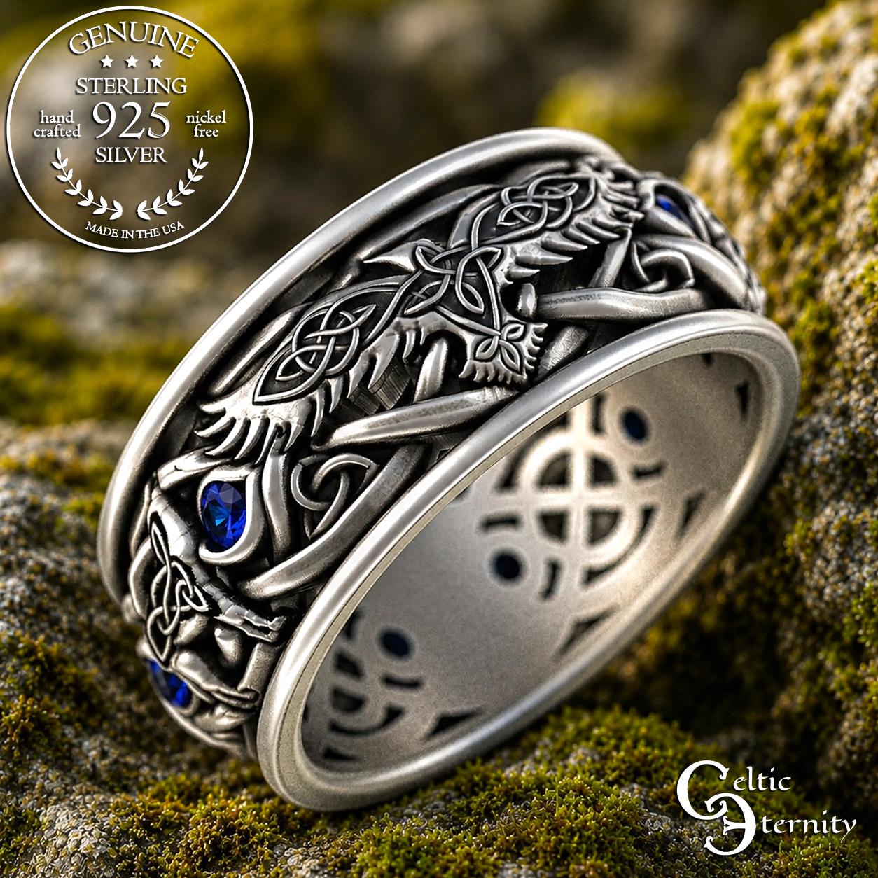 Viking Odin Ring - Blue Tungsten Viking Ring Norse Wedding Band Odin Symbol Personalized Mens