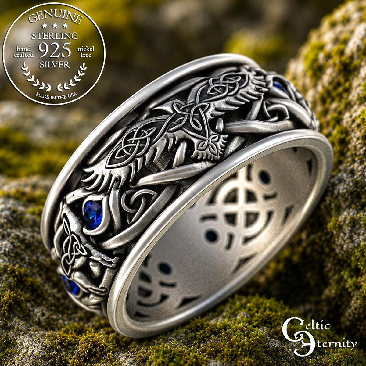 Viking Raven Ring - Sterling Silver Raven Ring, Celtic Knot Ring, Viking Raven Ring, Gothic Mens