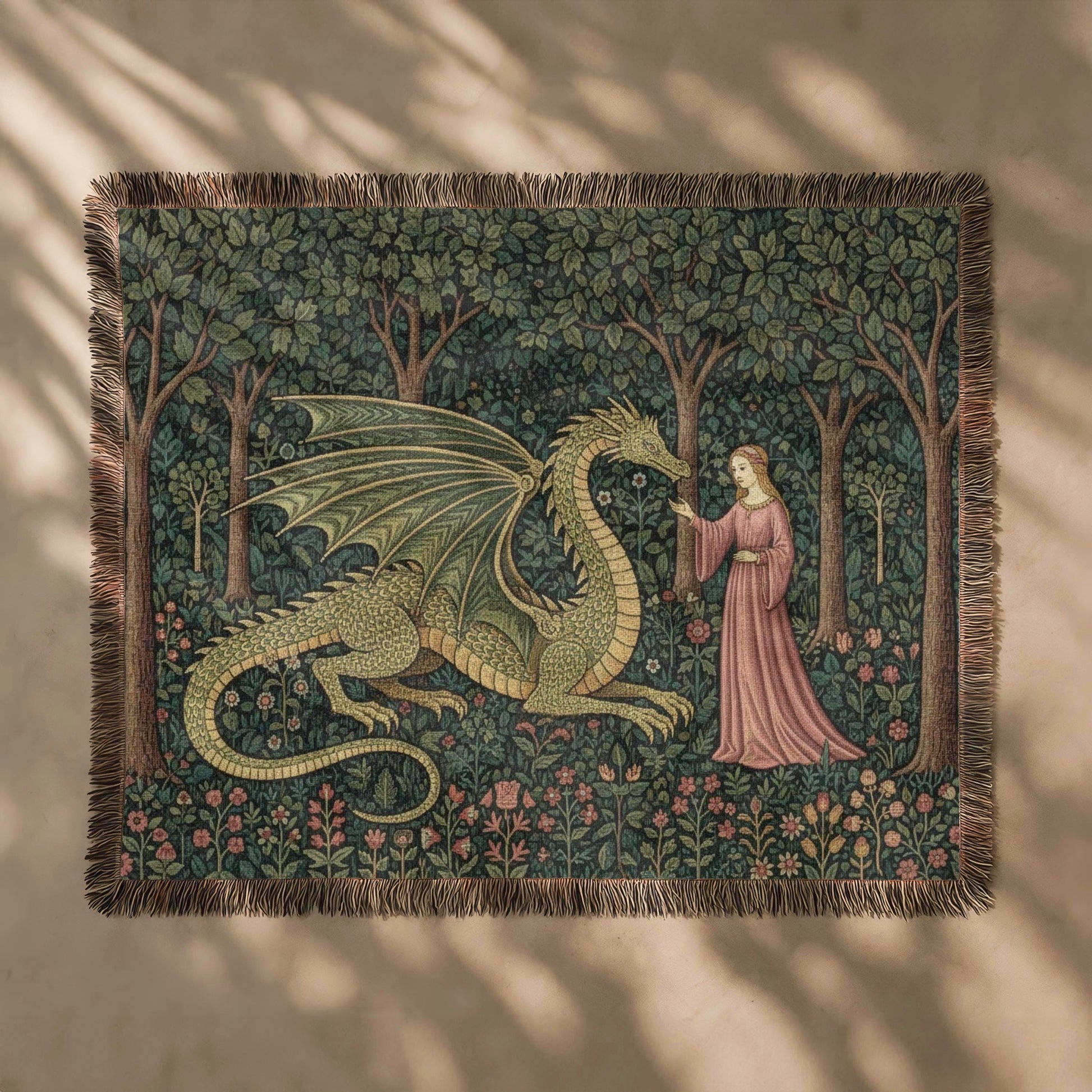 Viking Blanket - Viking Nordic Dragon Woven Cotton Throw Blanket, Fringed Tapestry Decor