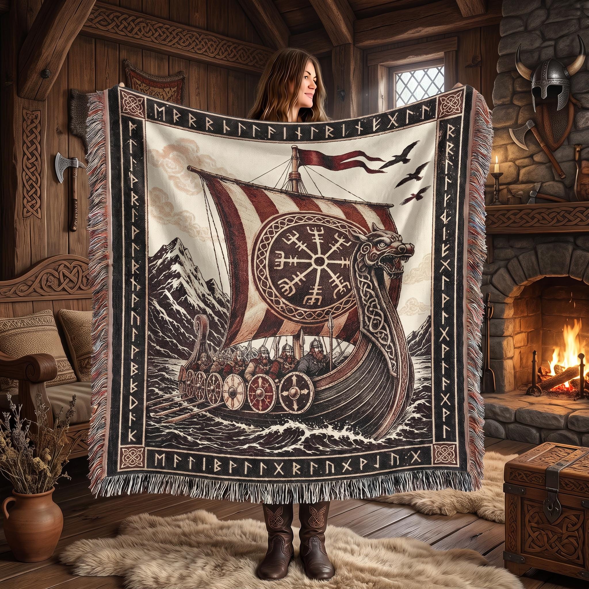 Viking Blanket - Viking Ship Woven Blanket, Norse Wall Art, Man Cave Decor, Gift for Him